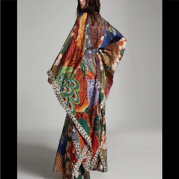 Lena Vie Boutique Other - Jewel Peacock Feather Bohemian Gypsy Kimono With Sash Tie, Feather Print